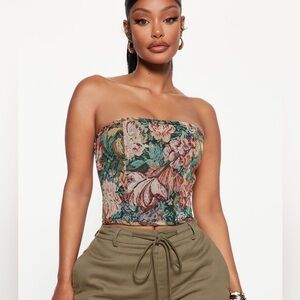 Fashion Nova Corset Top Multi Color lace up floral strapless Jacquard XS green